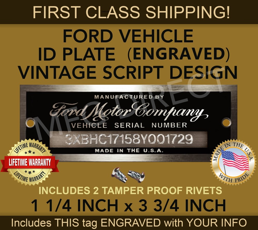 SERIAL NUMBER DATA PLATE MODEL TAG FORD CAR TRUCK ENGRAVED WITH YOUR INFORMATION