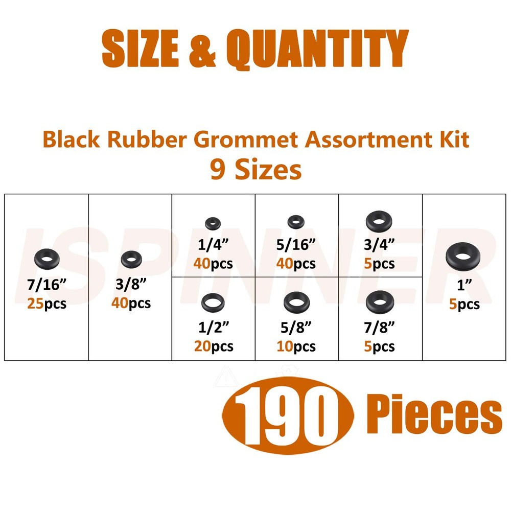 ISPINNER 190pcs Rubber Grommet Assortment Kit, 9 Sizes Eyelet Ring Black