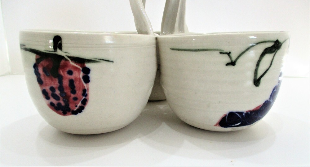 Pottery Condiment Dish Server 3 Section Artisan Made Hand Painted Fruit Signed