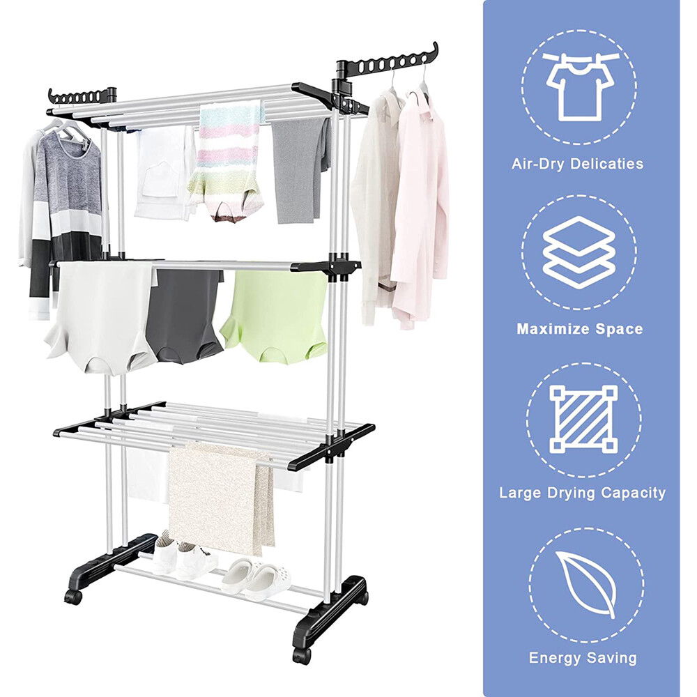 67" Heavy Duty Laundry Clothes Drying Rack Portable Folding Rolling Dryer Hanger