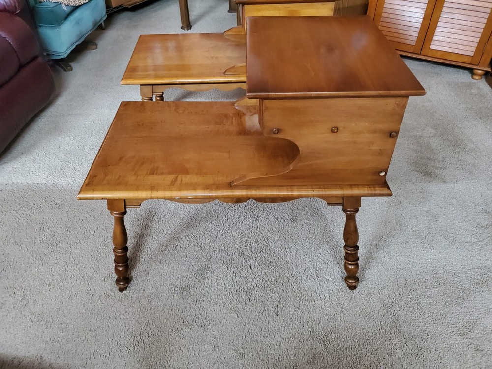 American Maple Step End Tables With A Drawer. Solid Wood, Matching Pair.