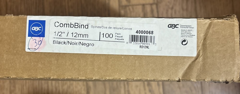 100 GBC CombBind Binding Spines 1/2" 12mm BLACK Book Binding (full box)