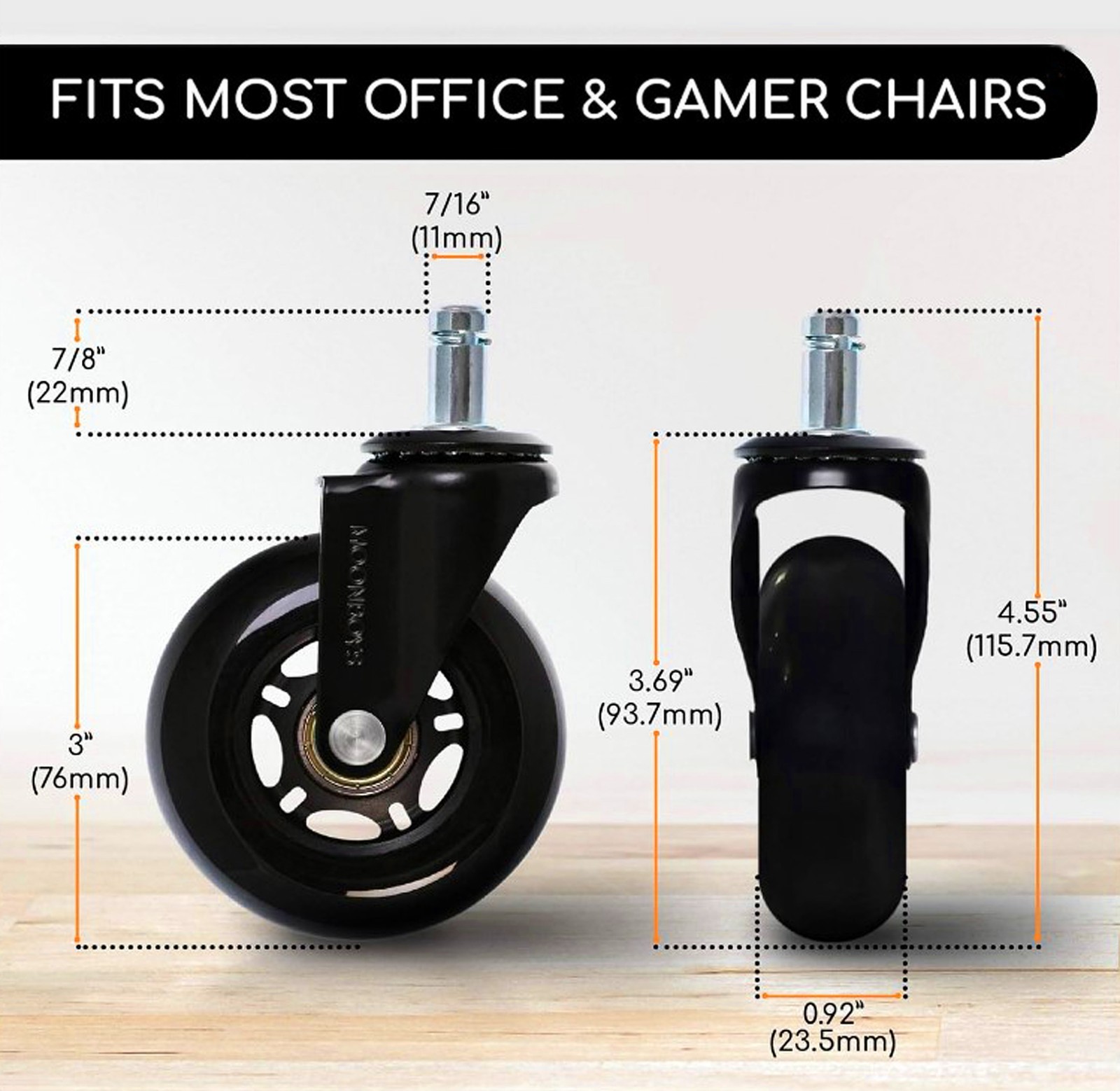 5 Rollerblade Gaming Office Chair Wheel Replacements 3" Heavy Duty Swivel Caster