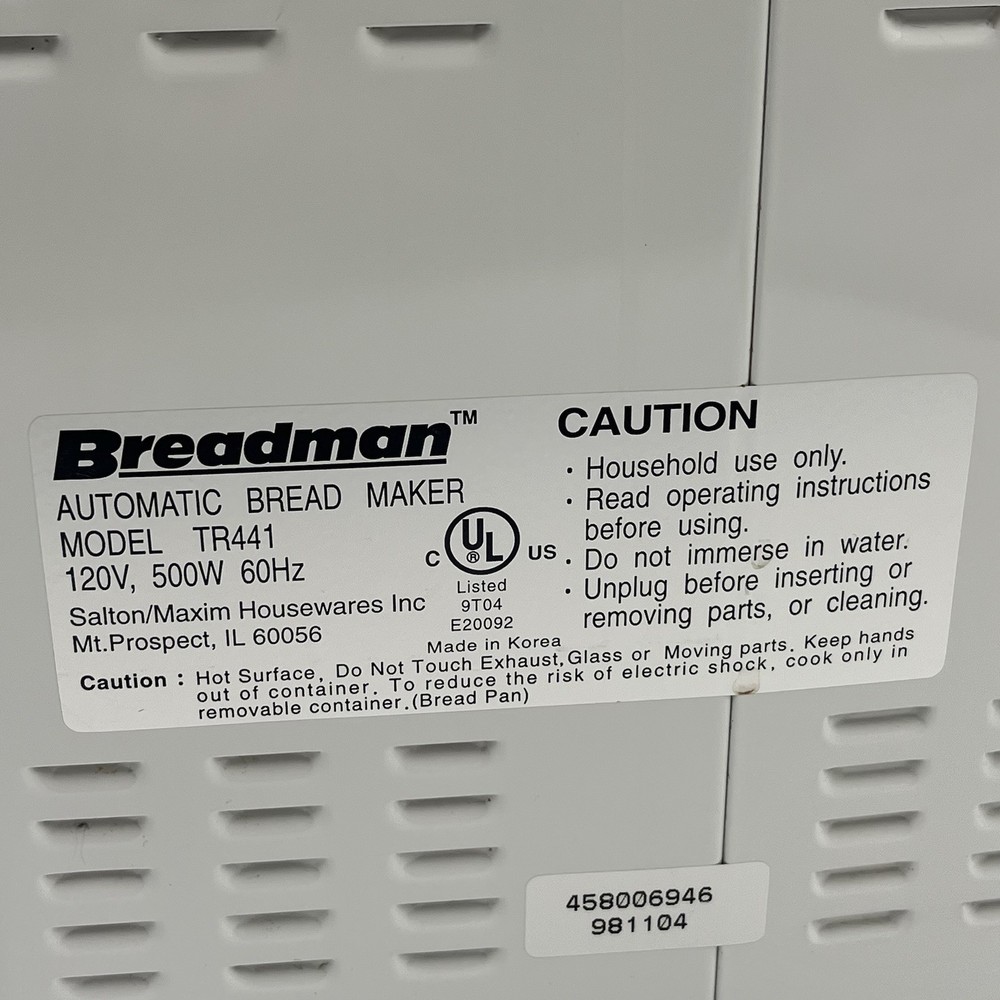 Breadman Bread Machine Maker TR441 W/manual Work&Tested