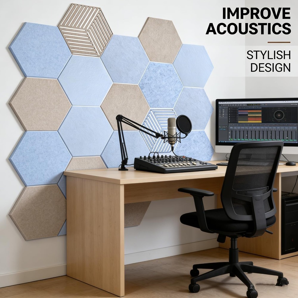 10-Pack Decorative Hexagonal Acoustic Panels with 3D Patterns for Home or Studio