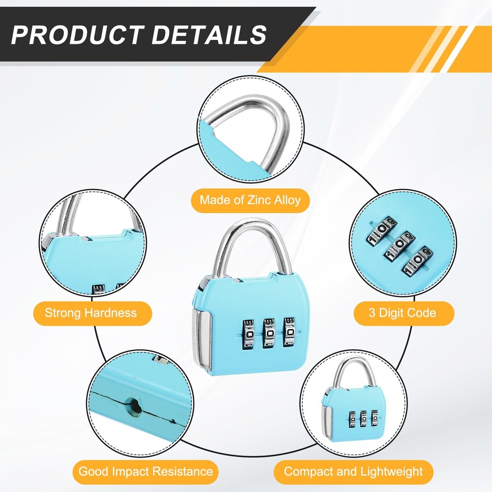 3Pcs Resettable 3 Digit Combination Lock Code Padlock, Sky Blue (47 x 36mm)