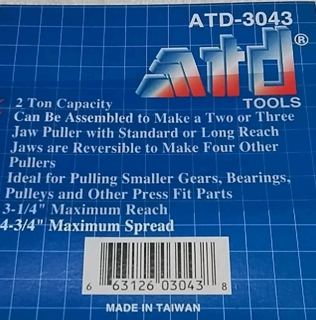 ATD TOOLS ATD-3043 2-3 8 WAY 2TON REVERSIBLE GEAR PULLER SET
