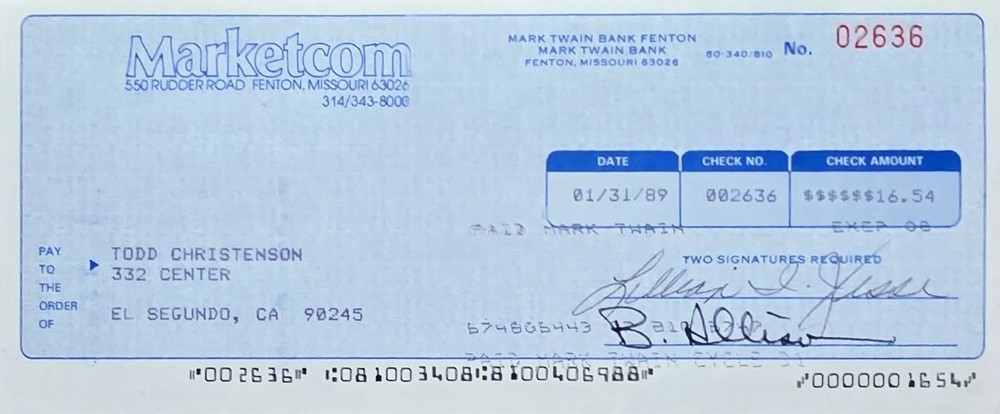 Check/Document - Todd Christensen  - autographed signed