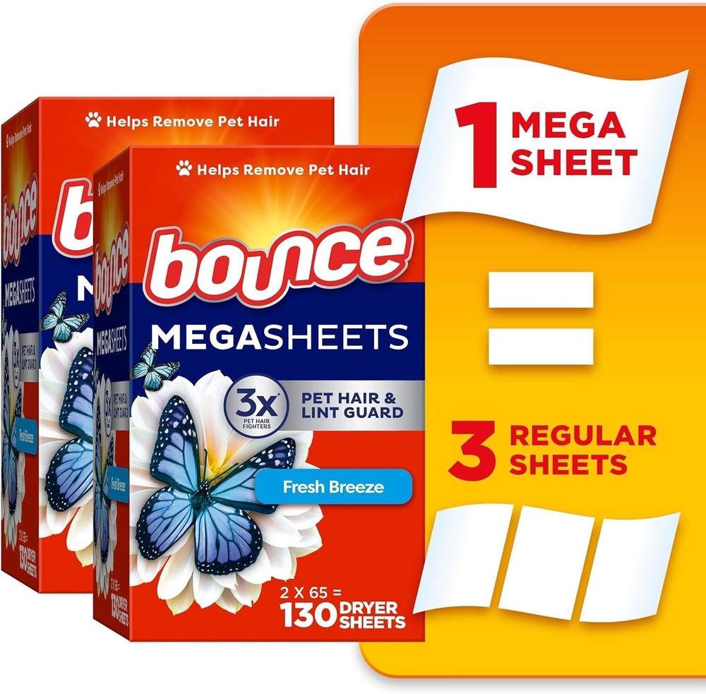 Bounce Mega Dryer Sheets, Fresh Breeze, 130 Count