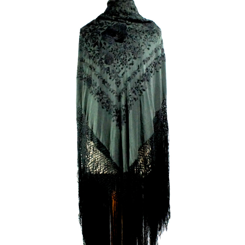 Antique Silk Shawl Wrap Piano Scarf HAND EMBROIDERED FLORAL WITH FRINGE 51"inch