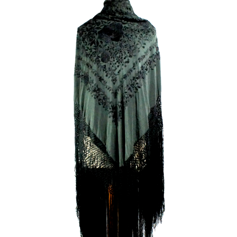 Antique Silk Shawl Wrap Piano Scarf HAND EMBROIDERED FLORAL WITH FRINGE 51"inch
