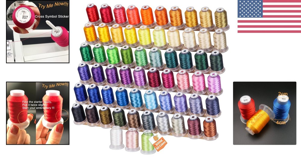 100% Polyester Embroidery Thread Set - 63 Colors, 550yd Spools with Thread Nets