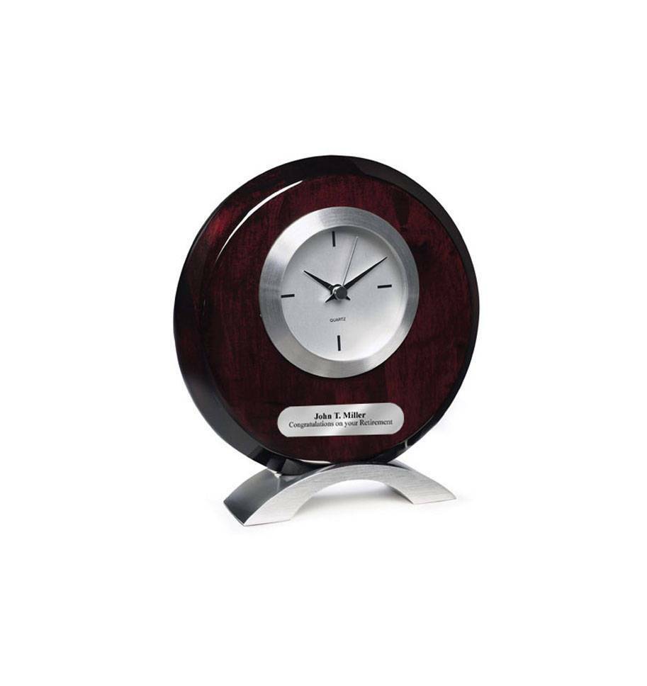 Engraved Round Silver Table Desk Clock with Silver Modern Base Engraving Plate.
