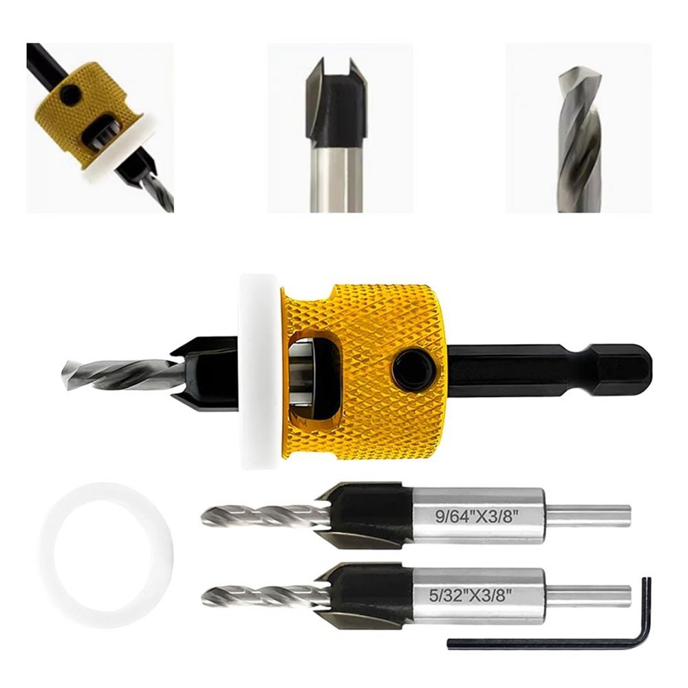 Replaceable Countersink Drill Bits Set of 3 with Adjustable Depth Feature