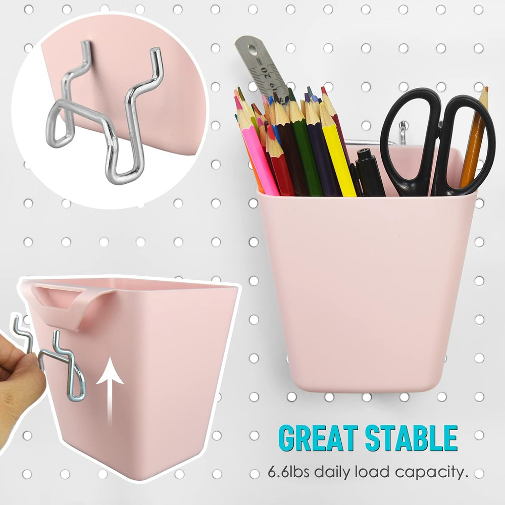 Large Pegboard Cups Peg Board Storage Bin 6 Pack with Hooks, Square Box Shape Pe