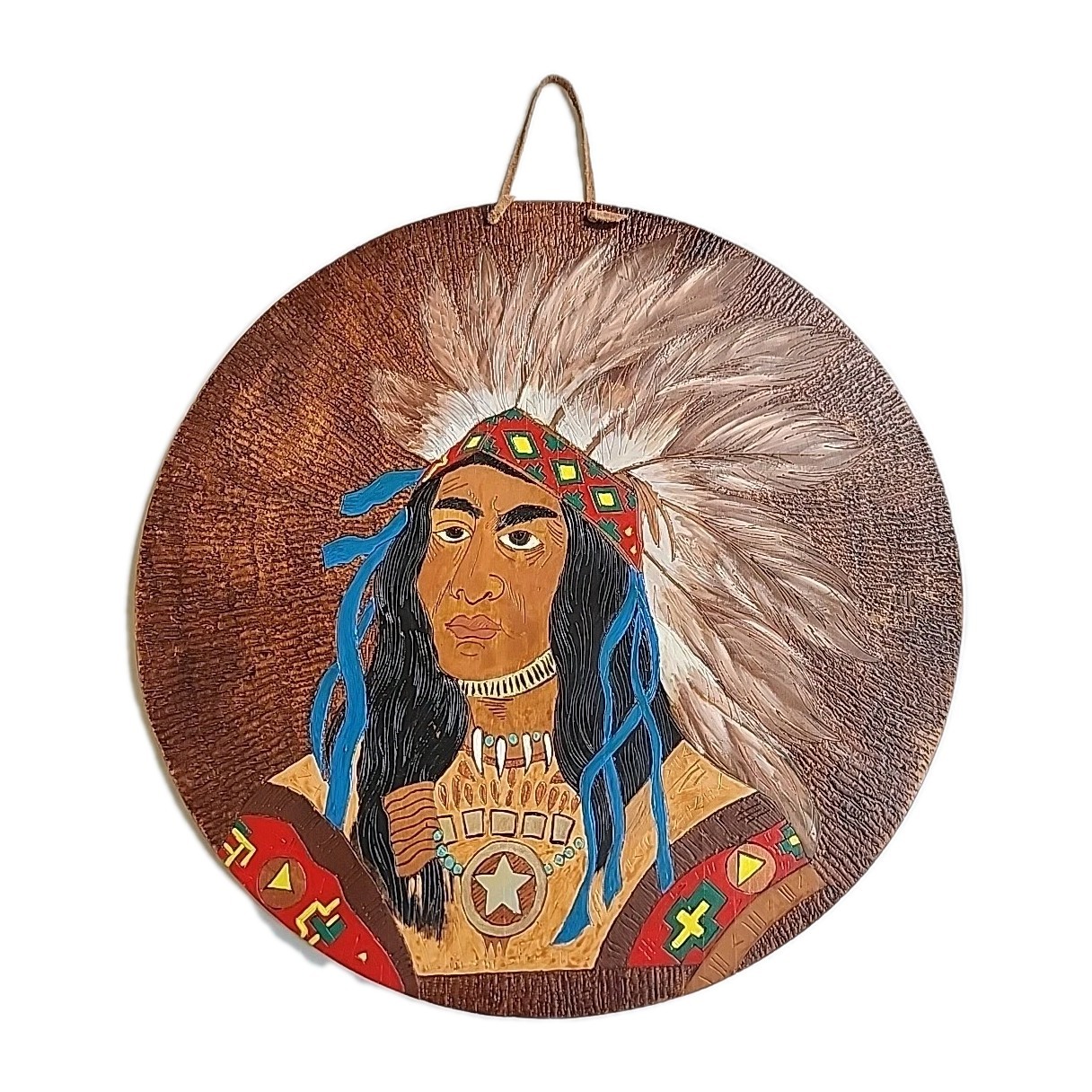 NATIVE AMERICAN INDIAN PLAQUE Pyrography 19.75" Antique Round Wall Art