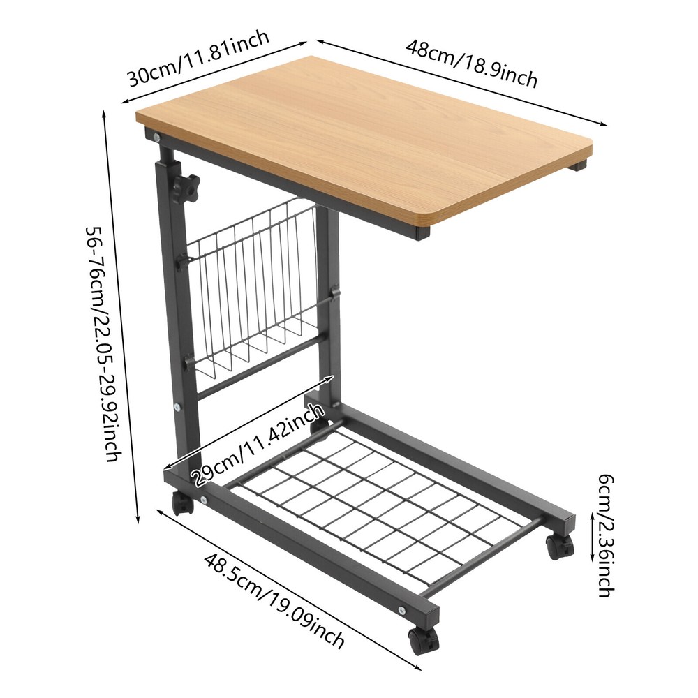 Height-Adjustable Teak Side Table with Wheels - 2 Tiers for Easy Storage
