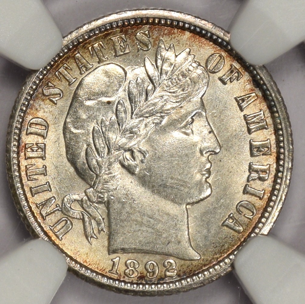 1892-O BARBER DIME ~ NGC MS61 ~ BLUE TONING AND CLASHED DIE REVERSE!