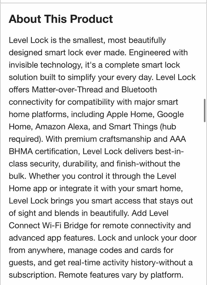 New! Level Lock (Matter) Matte Black Matter-Over-Thread Smart Lock