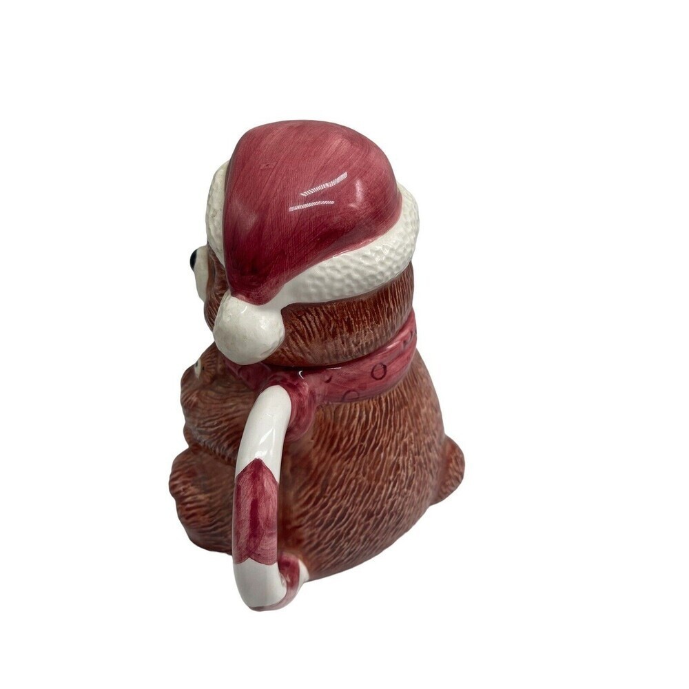 Christmas Brown Bear Teapot Candy Cane Handle RARE Ceramic