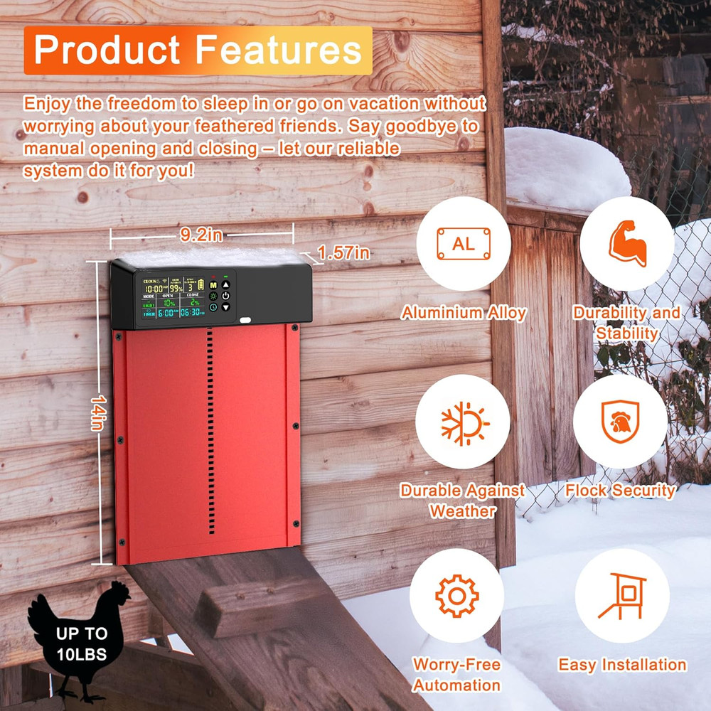 Chicken Coop Door Solar Powered with Programmable Remote Control, Automatic Alum