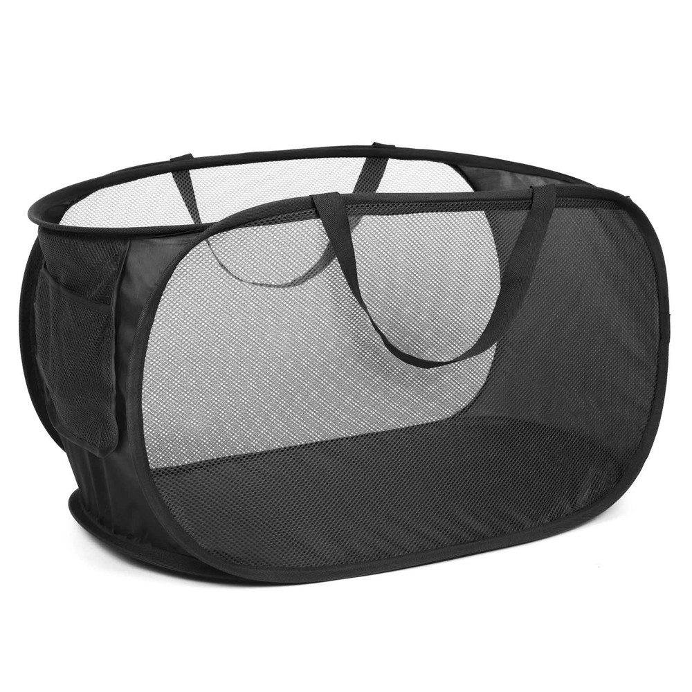 Durable Collapsible Laundry Baskets, Mesh Pop Up Horizontal, Black