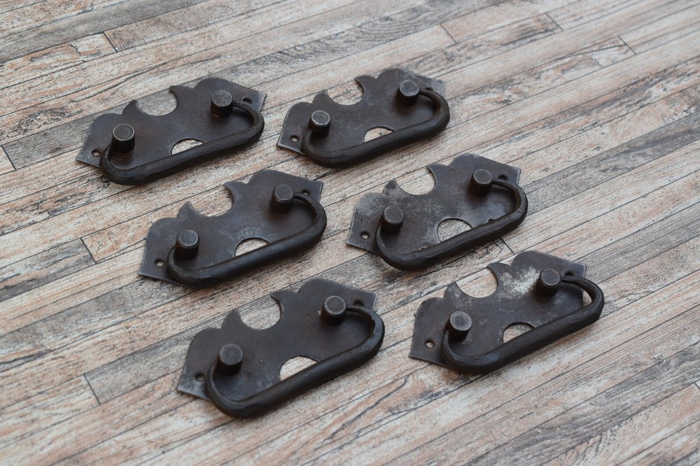 6pc Vintage Handmade Iron Door Gate Drawer Tool Box Pull Drop Back Plate Handles