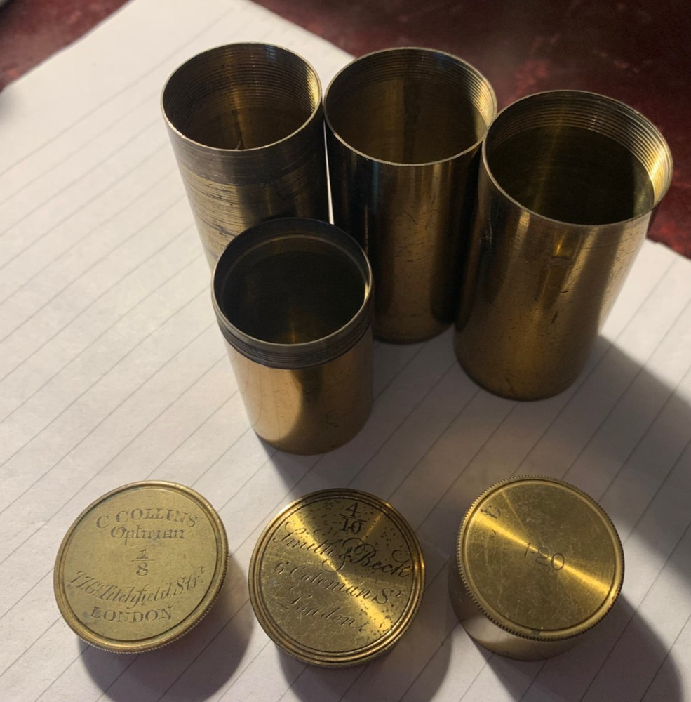 Brass Microscope Objective Cases & Non-matching Tops incl. Smith & Beck, Collins