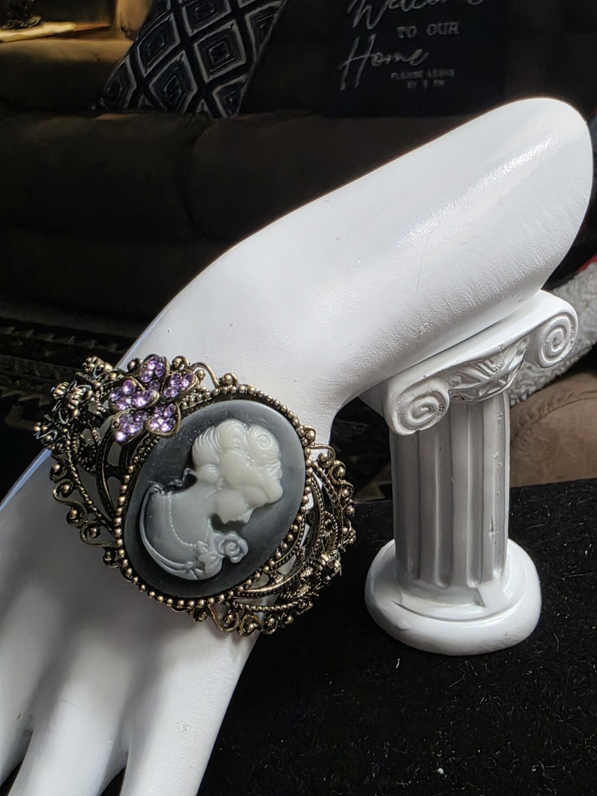Vintage Victorian Rivival Cameo Rhinstone Large Cuff Bracelet
