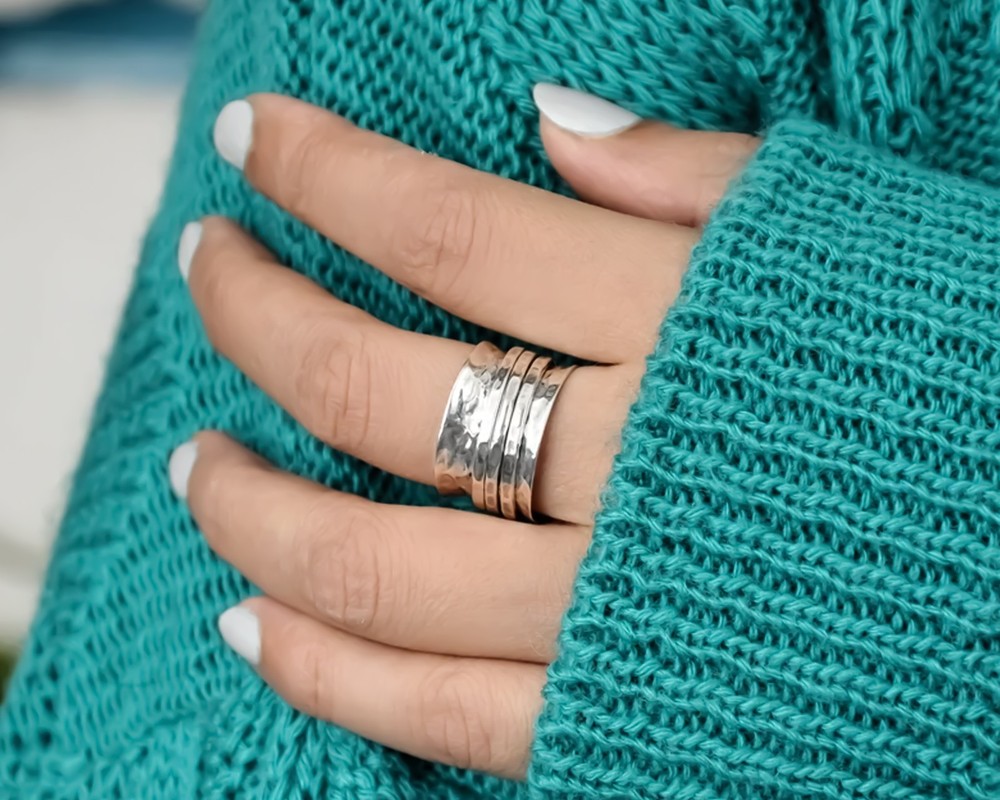 Solid 925 Sterling Silver Spinner Worry Meditation Hammered Band Handmade Ring