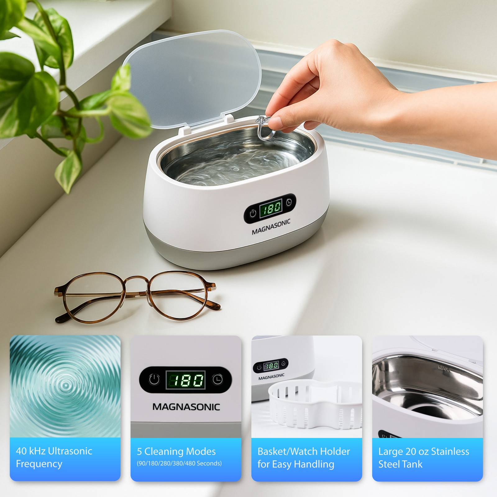 Magnasonic Ultrasonic Jewelry Cleaner Machine for Rings, Necklaces, Dentures