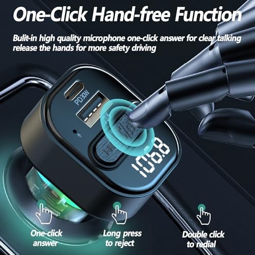 Bluetooth 5.3 FM Transmitter for Car, Bluetooth Car Adapter with Type-C Black