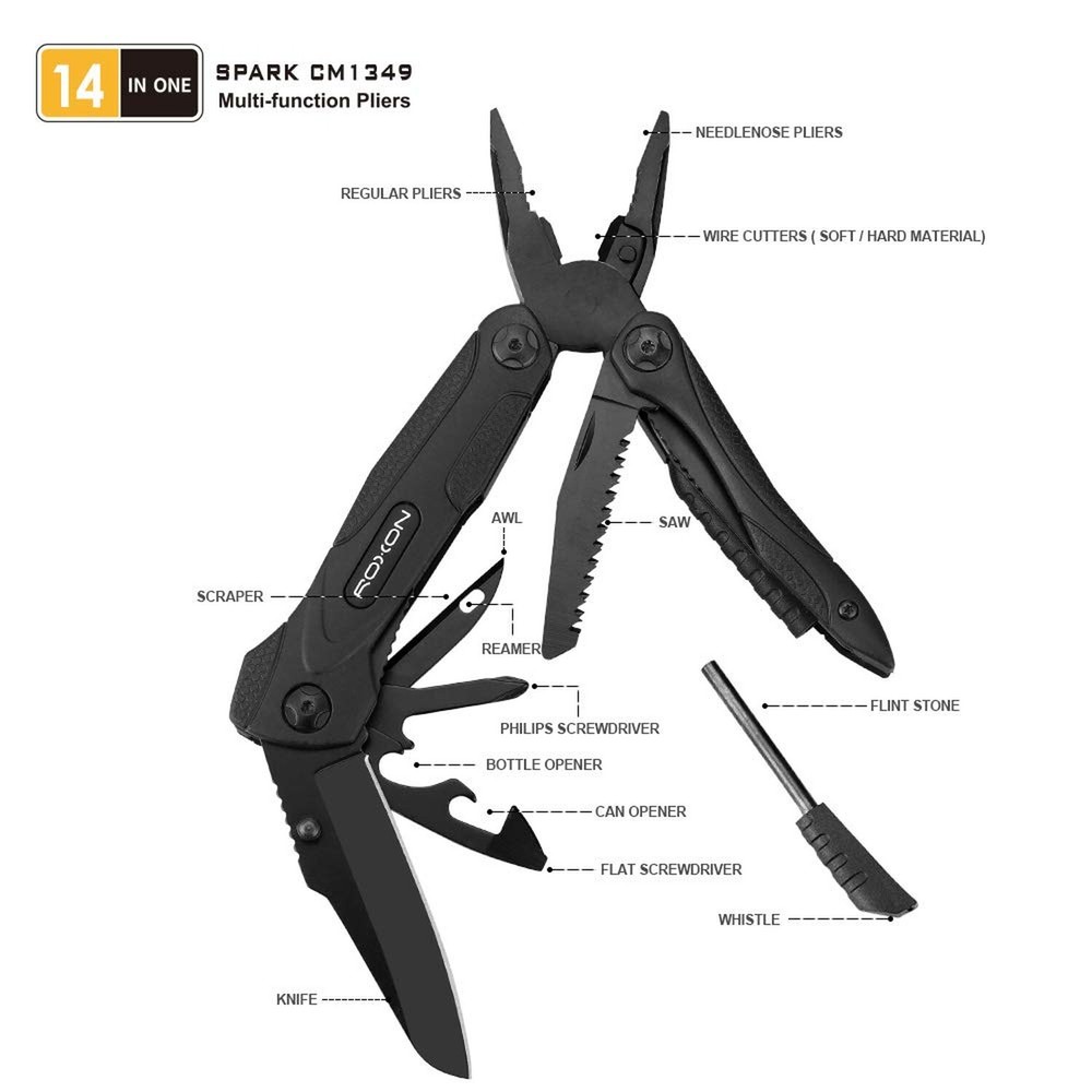 Roxon CM1349 SPARK Multitool Plier, 14-in-1 Multitools Folding Plier, Multipu...