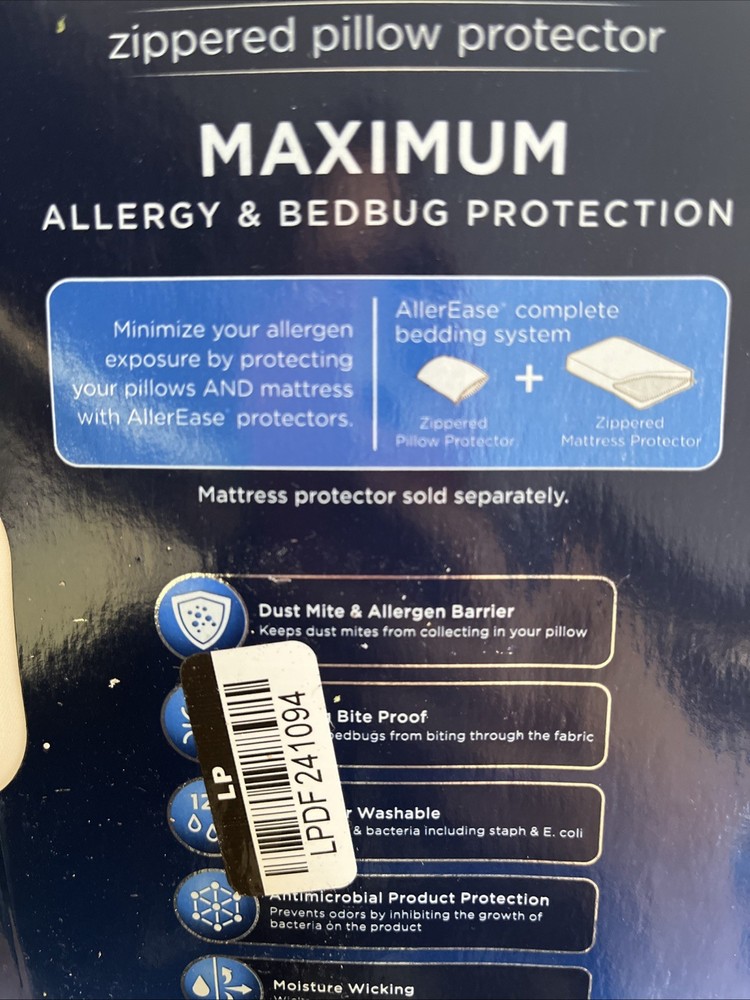 Allerease Zippered Pillow Protector Standard Queen 20”x28” Max Allergy & Bedbug