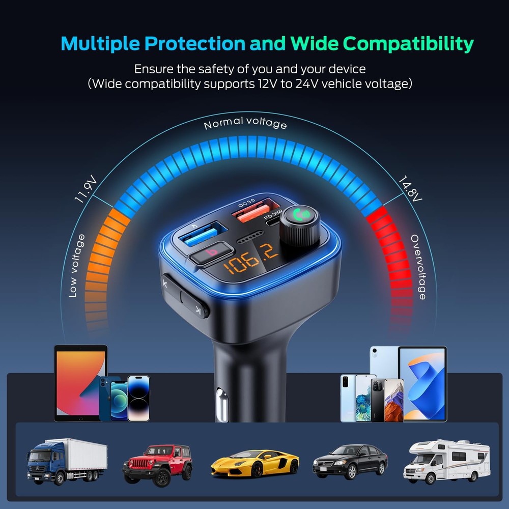 Adaptador Bluetooth 5.4 para coche, transmisor FM inalámbrico de carga rápida