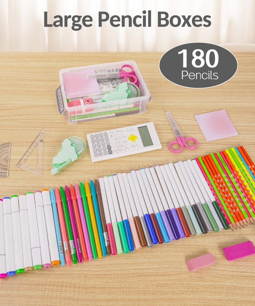 Sooez 6 Pack Extra Large Pencil Box, Plastic Case Crayon Large, Grey
