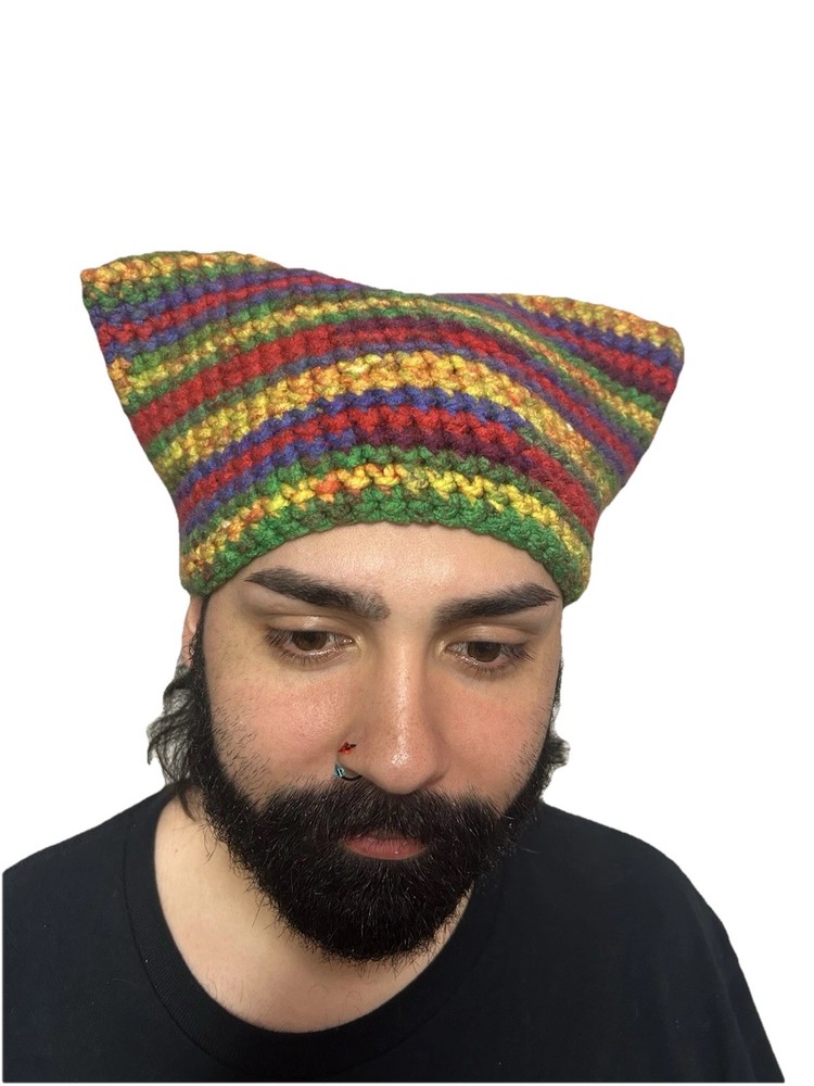 Handmade Crochet Multicolor Striped Cat Ear Hat