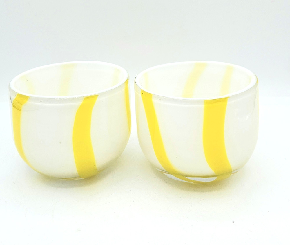 Pair Dakota Fields Yellow & White Stripes Glass Tealight Candleholders