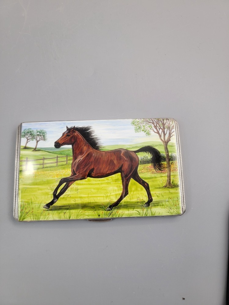 1917 Birmingham Sterling Silver Cigarette Case Enamel Horse Panel
