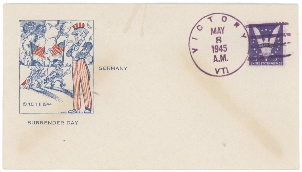 USA, "Germany Surrender Day" Cacheted Env. w/"VICTORY VT. MAY. 8. 1945" Duplex