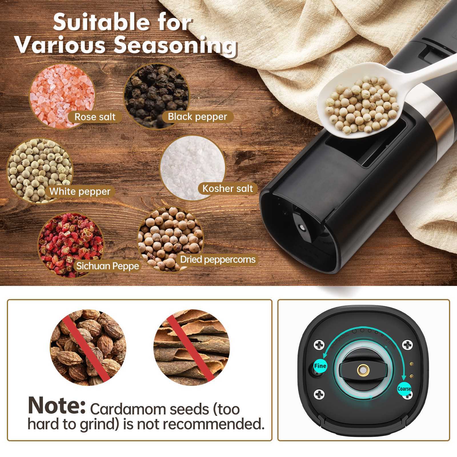 Electric Salt and Pepper Grinder Set with Rechargeable Base Mill-Adjustable