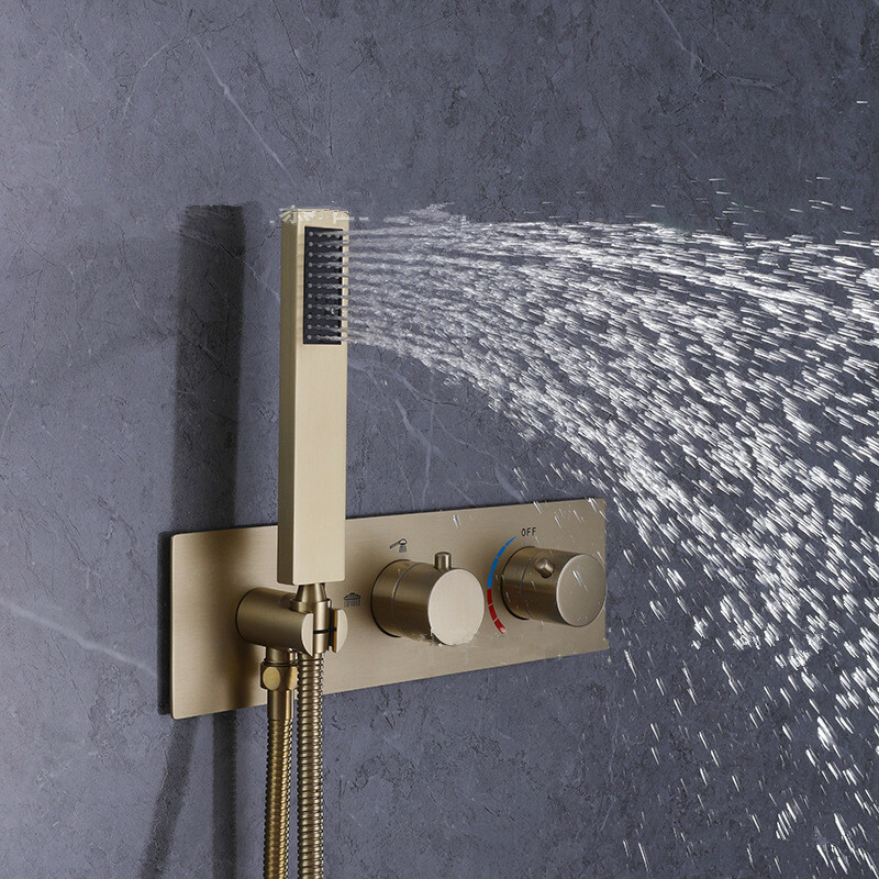 Bathroom Shower Faucet Set Brushed Gold Rainfall Wall Mounted Concealed System
