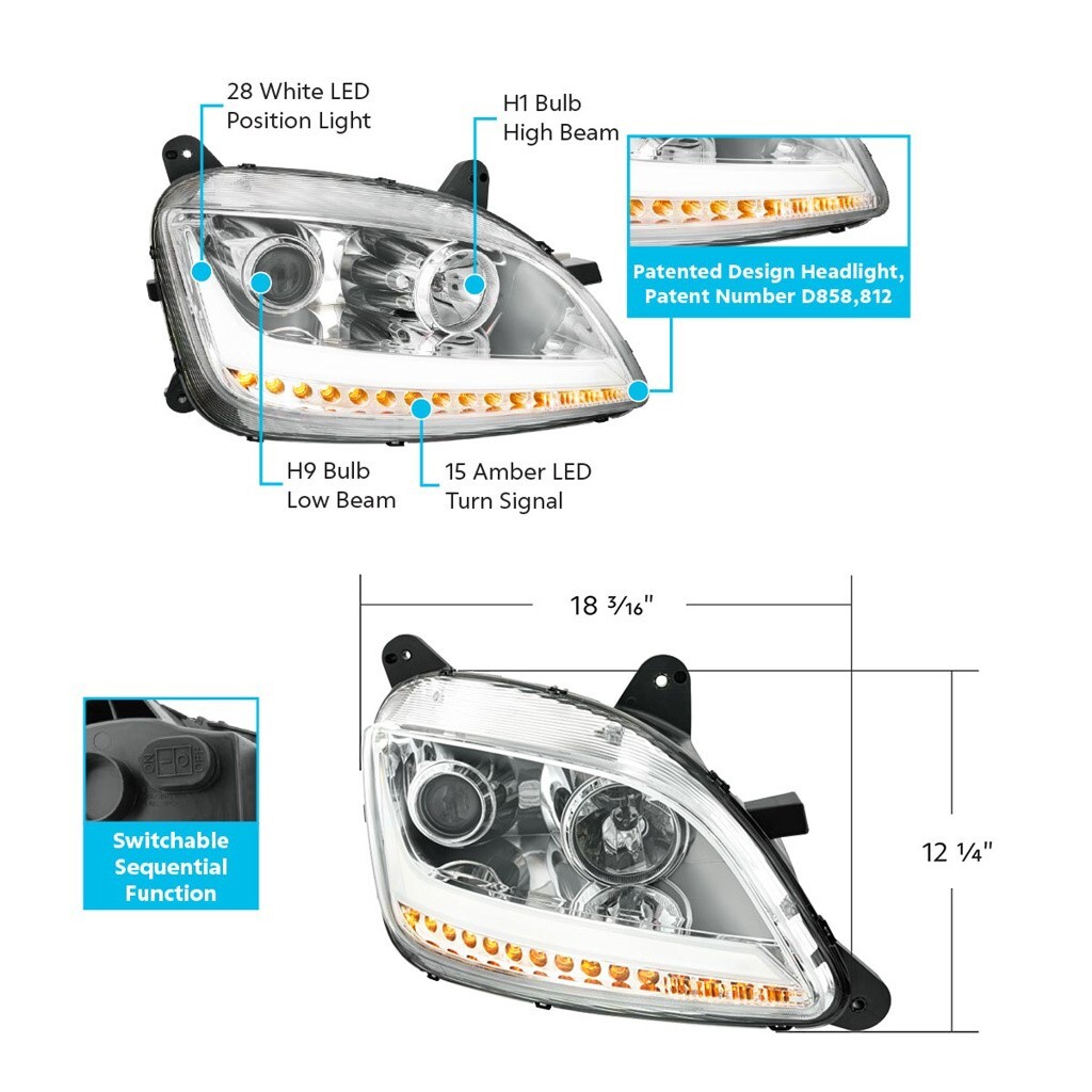 LED Position Headlight w/ Sequential Signal f Peterbilt 579/587-Chrome-Passenger