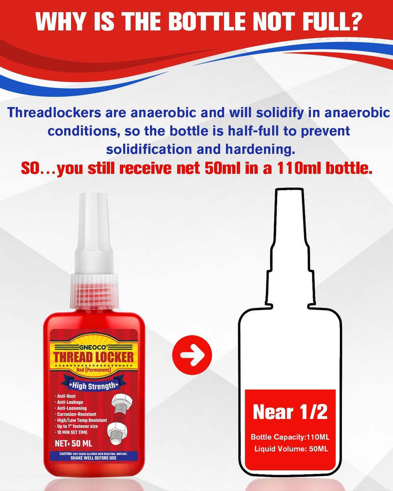 Thread Lock Red 1.69 Fl Oz/50 Ml, Threadlocker High Strength, Thread Locker for