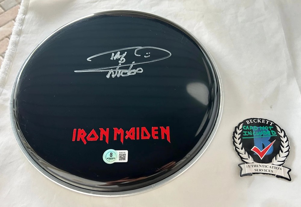Nicko McBrain Signed Drumhead Iron Maiden Beckett BAS 1 COA