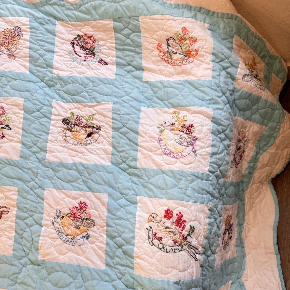 Vintage Handmade State Bird Quilt Blue White Embroidered Patchwork