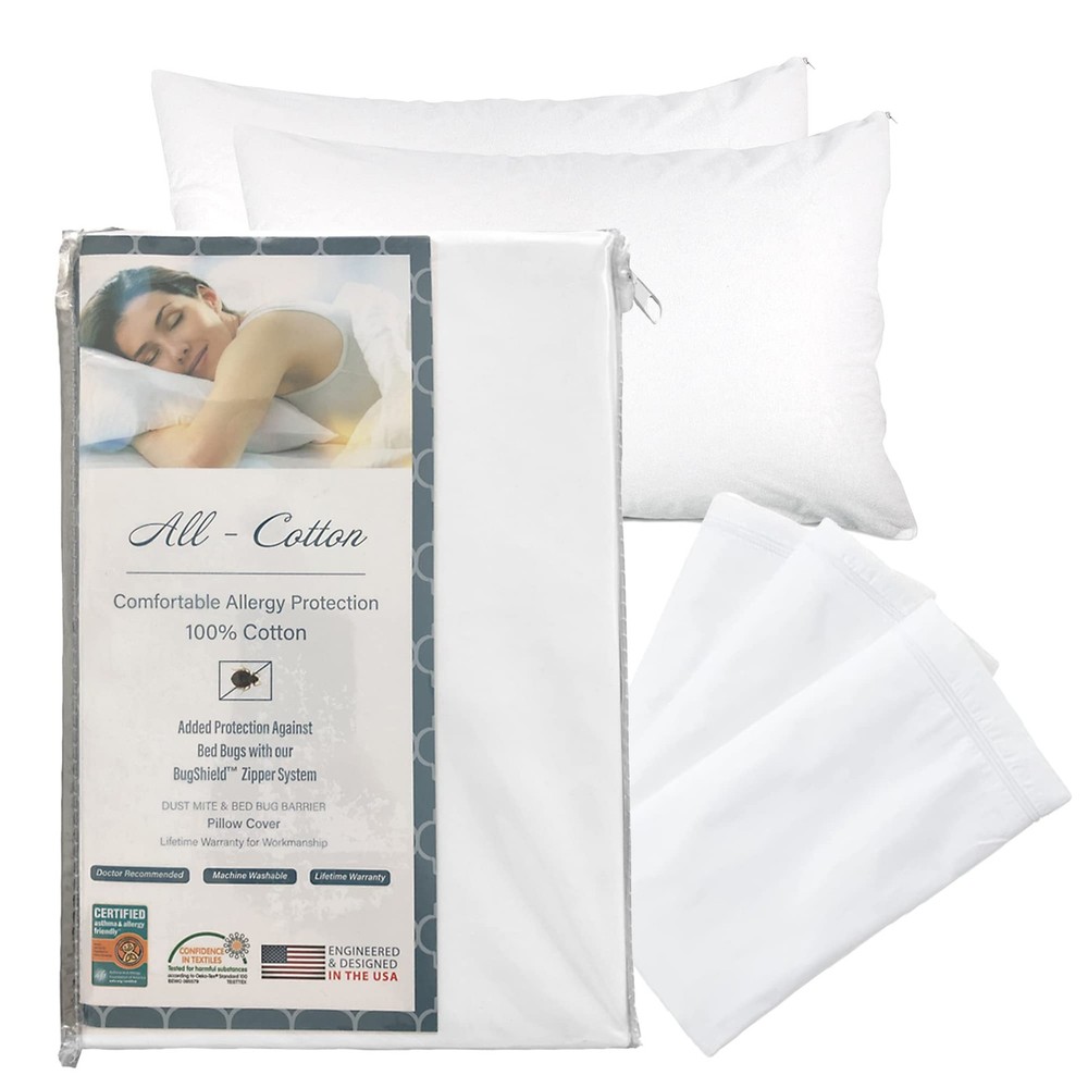 Premium 100% Cotton Zippered Pillow Protector - Standard Size - White - 2 Pac...