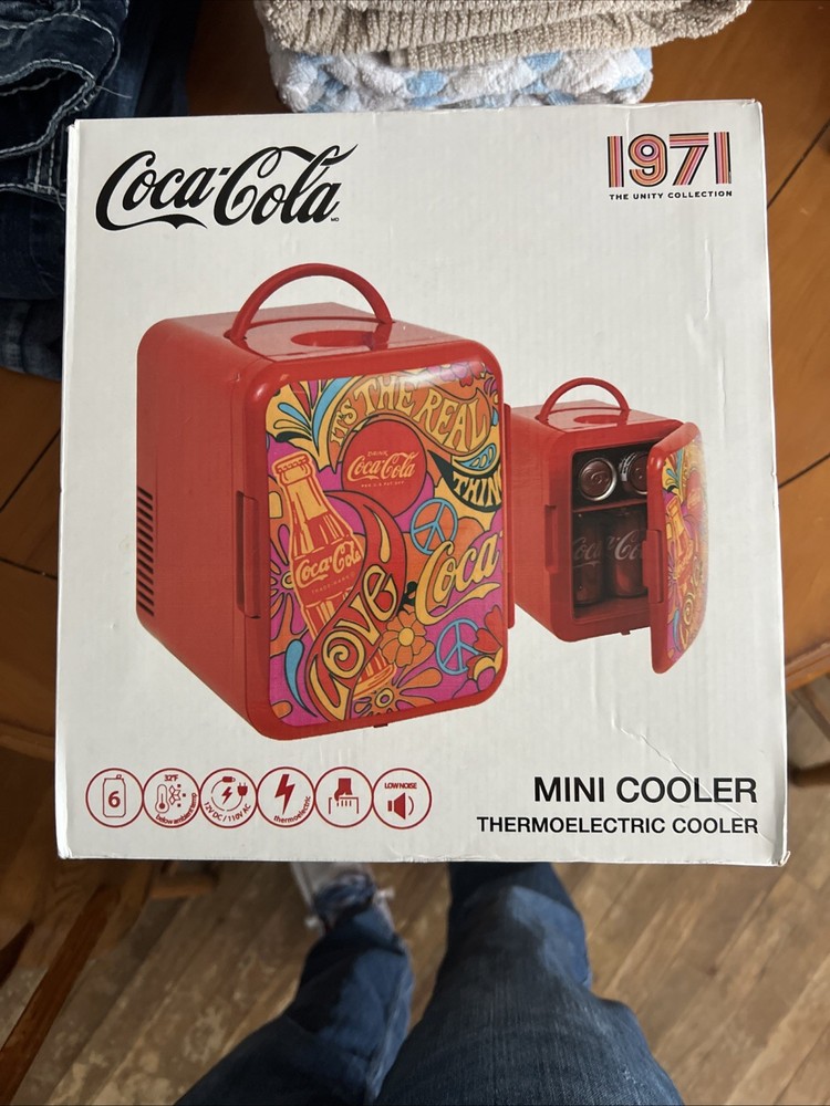 Coca-Cola Cooler -Portable Mini Fridge Peace Love Coca-Cola