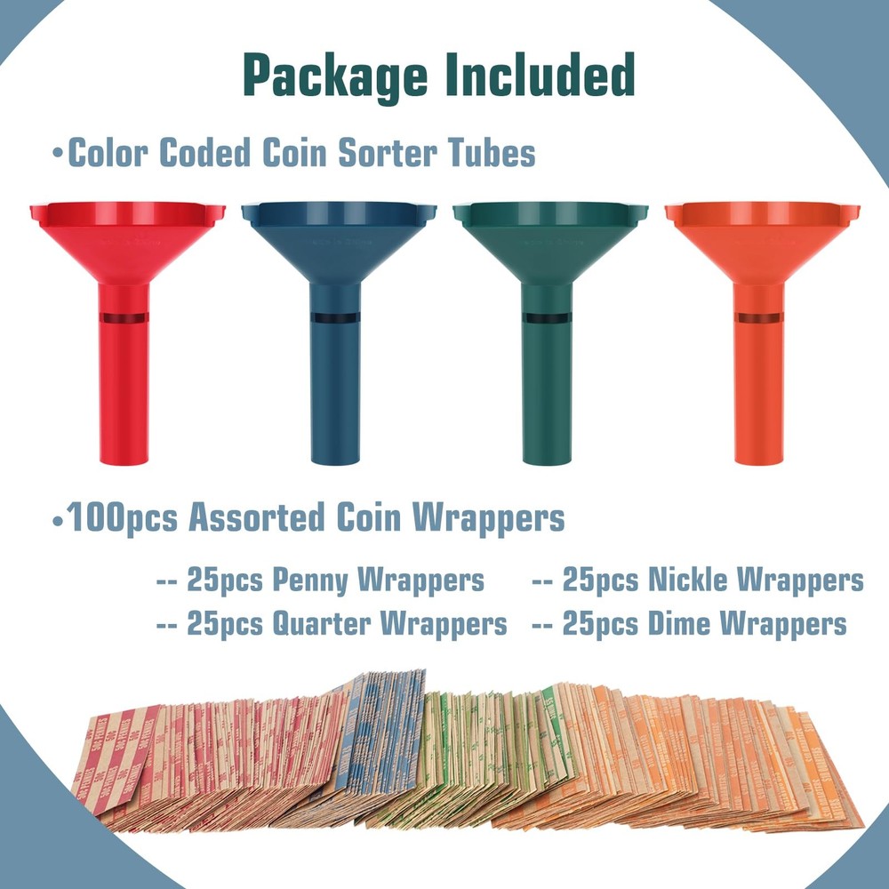 Coin Wrappers Assorted 100 Pcs & 4 Sorters Tubes, Rolls Wrappers...