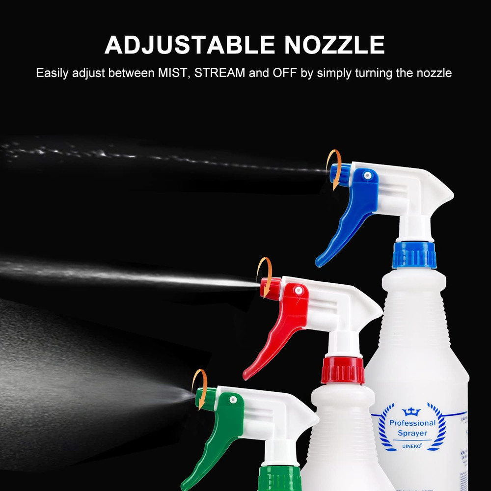 Plastic Spray Bottle (3 Pack, 24 Oz, 3 Colors) Heavy Duty All-Purpose Empty...